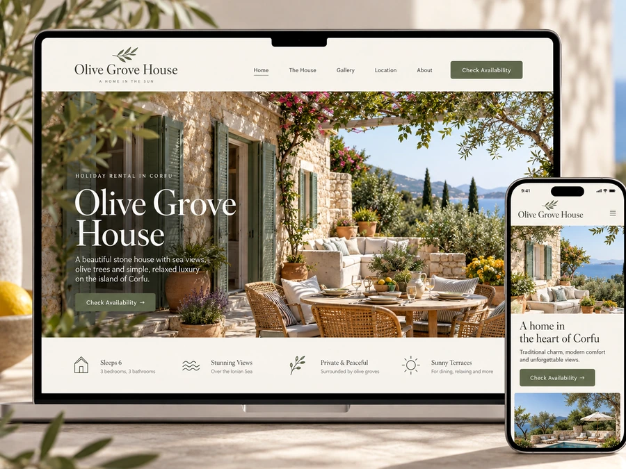 Fictional concept website for Olive Grove House shown on a laptop and smartphone
