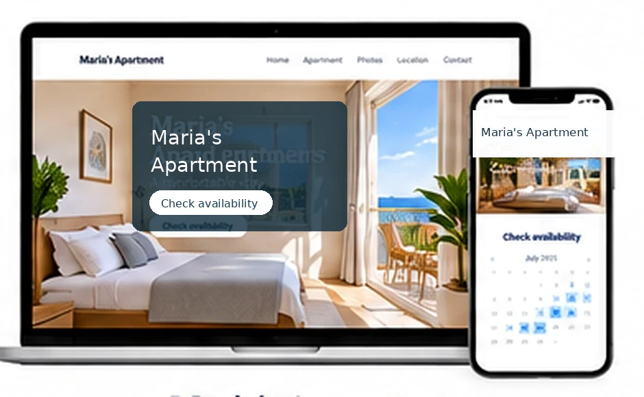 Fictional Maria’s Apartment website shown on a laptop and phone, with a comfortable everyday rental interior