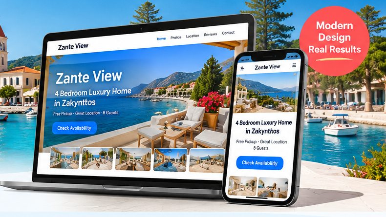 Colorful showcase of responsive website designs on laptop, tablet and phone