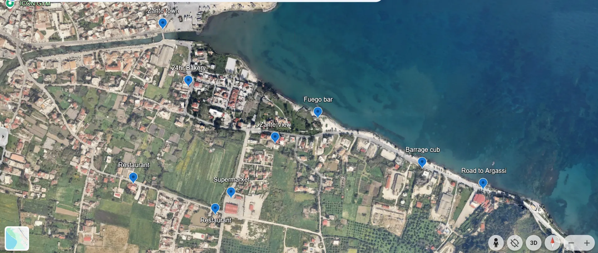 Satellite view showing Zante View near the sea, Zakynthos Town, the bakery, supermarket, restaurants and Barrage Club